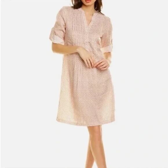 J. McLaughlin 100% Linen Riviera Shift Dress V-Neck Geometric Tan White Size M - Picture 1 of 6